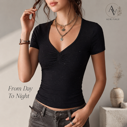 Women’s Slim Fit V Neck Crop T-Shirt, Black Sparkly Short Sleeve Ruched Front Top, Slight Stretch Casual Going Out Tee