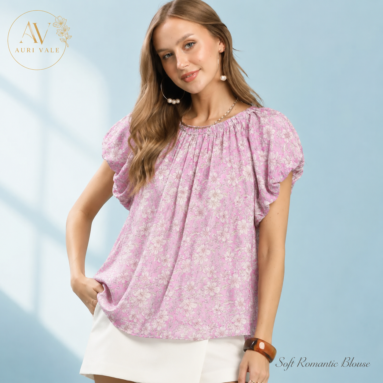 Women’s Pink Floral Puff Sleeve Blouse, Relaxed Fit Round Neck Short Sleeve Flowy Top for Summer, Brunch & Office Casual