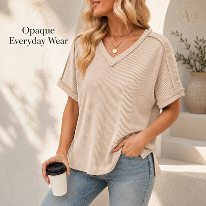 Women’s Corded Rib V-Neck Short Sleeve Top, Soft Stretch Exposed Seam Loose Fit T-Shirt, Casual Summer Tee for Everyday Outfits
