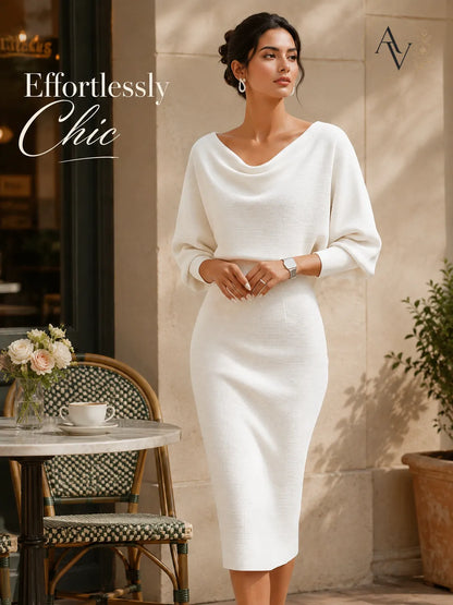 Women’s Cowl Neck Ribbed Knit Bodycon Midi Dress, Cotton Stretch Dolman Sleeve Sweater Dress for Work, Date Night & Fall Outfits