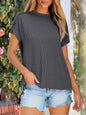 Women’s Textured Short Sleeve Knit Top, Round Neck Exposed Seam Tee, Soft Stretch Loose Fit Casual Summer Shirt for Everyday Outfits