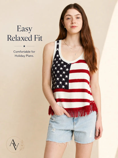 Plus Size American Flag Fringe Tank Top for Women, Patriotic Sleeveless Summer Top, 4th of July USA Stars Stripes Shirt