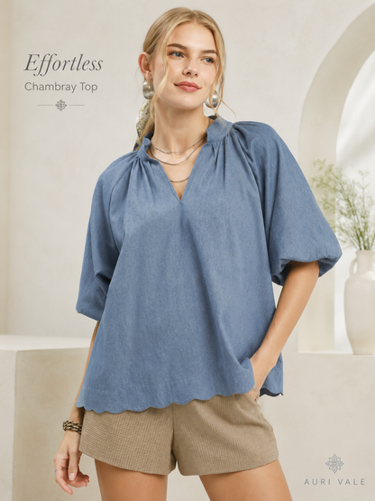 Women’s Chambray Puff Sleeve Top, Scallop Hem Split V-Neck Blouse, Lightweight Cotton Blend Oversized Casual Summer Shirt