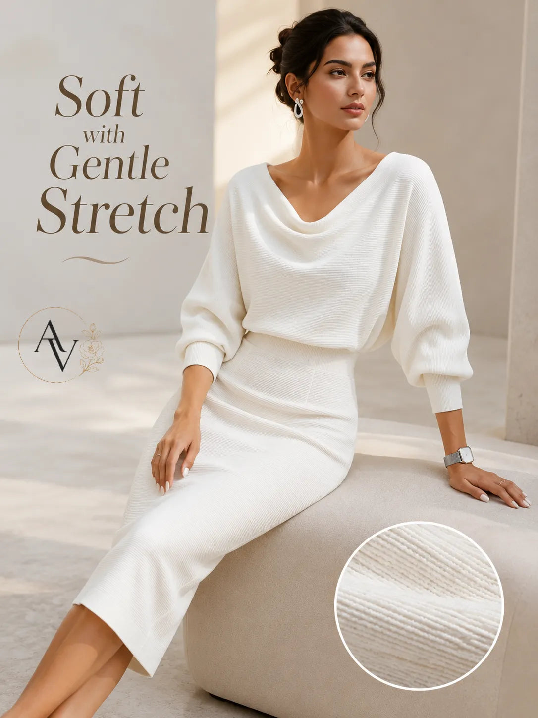 Women’s Cowl Neck Ribbed Knit Bodycon Midi Dress, Cotton Stretch Dolman Sleeve Sweater Dress for Work, Date Night & Fall Outfits