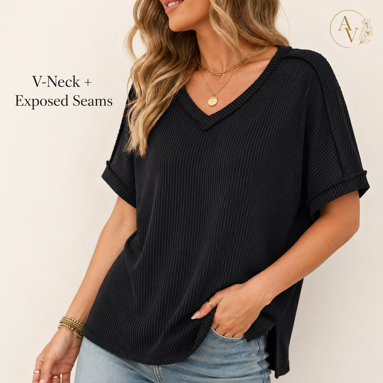 Women’s Corded Rib V-Neck Short Sleeve Top, Soft Stretch Exposed Seam Loose Fit T-Shirt, Casual Summer Tee for Everyday Outfits