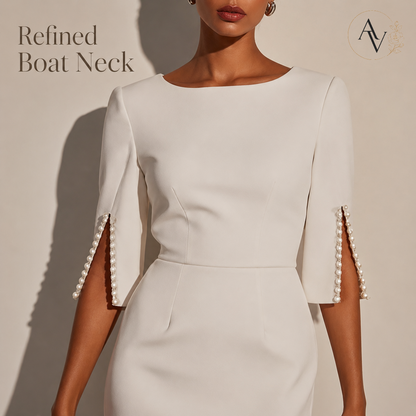Women’s Elegant Beaded Slit Sleeve Midi Dress, Boat Neck Slim Fit Cocktail Dress, Wedding Guest Party Evening Dress