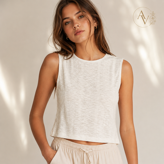 Women’s Textured Knit Cropped Tank Top, Sleeveless Round Neck Slim Fit Cotton Blend Summer Layering Shirt