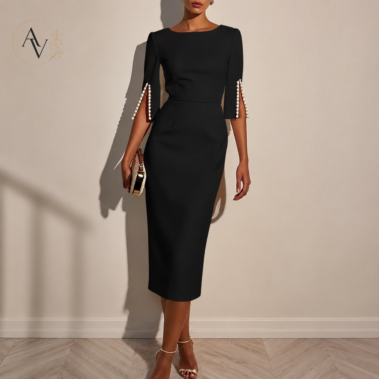 Women’s Elegant Beaded Slit Sleeve Midi Dress, Boat Neck Slim Fit Cocktail Dress, Wedding Guest Party Evening Dress