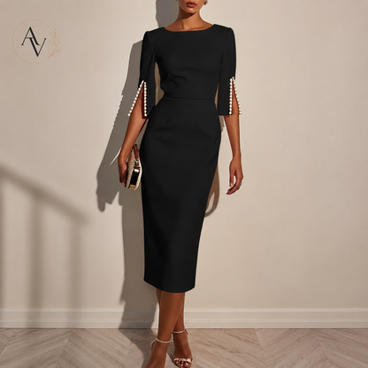 Women’s Elegant Beaded Slit Sleeve Midi Dress, Boat Neck Slim Fit Cocktail Dress, Wedding Guest Party Evening Dress