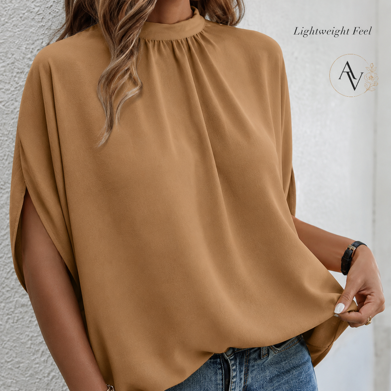 Women’s Mock Neck Tie Back Blouse, Split Batwing Half Sleeve Loose Fit Top, Dressy Casual Work Shirt for Office & Weekend