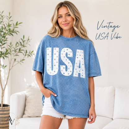 Women’s USA Star Print Acid Wash T-Shirt – 100% Cotton Patriotic Crew Neck Short Sleeve Graphic Tee for 4th of July, Memorial Day & Summer Outfits