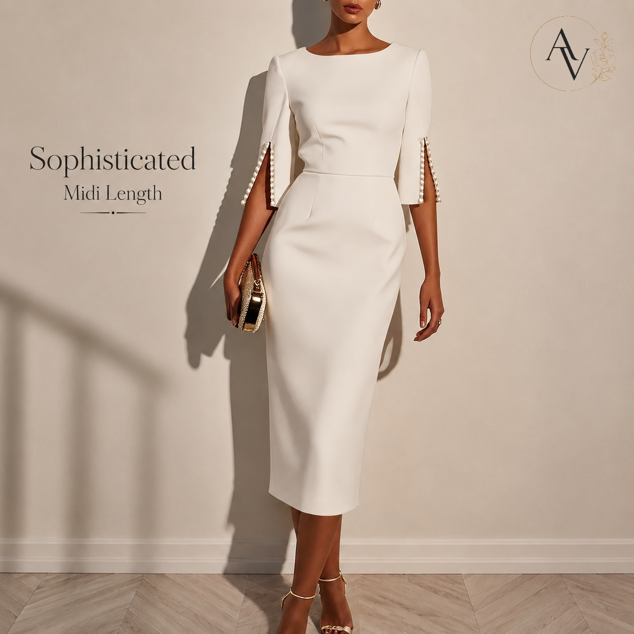 Women’s Elegant Beaded Slit Sleeve Midi Dress, Boat Neck Slim Fit Cocktail Dress, Wedding Guest Party Evening Dress