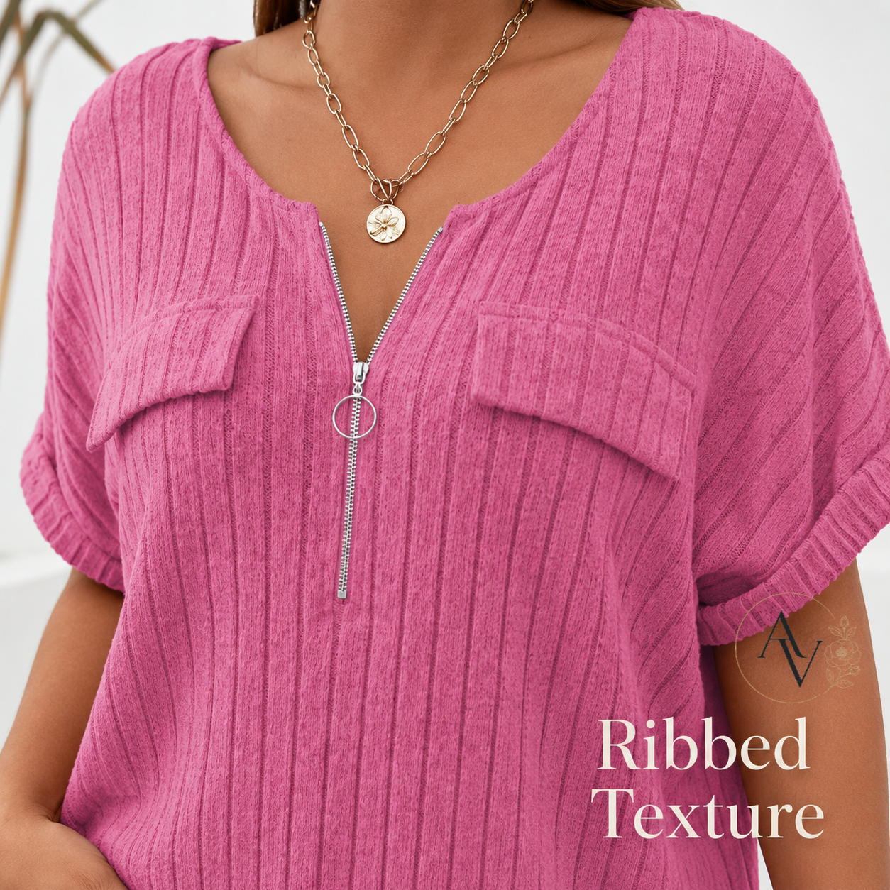 Plus Size Half Zip Ribbed Short Sleeve Top for Women, Casual Loose Fit V Neck Pullover T-Shirt with Pocket Flap, Summer Daily Blouse