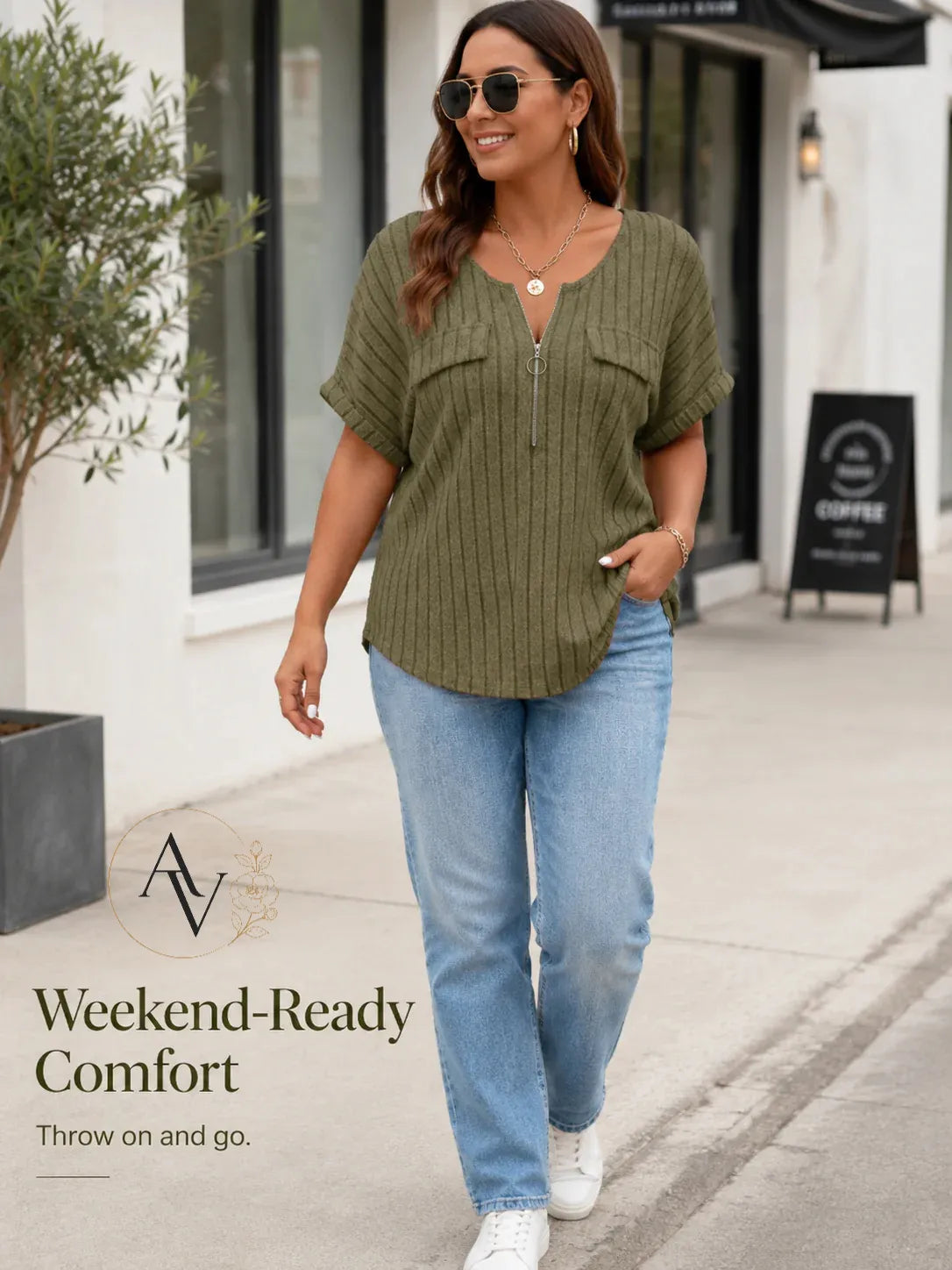 Plus Size Half Zip Ribbed Short Sleeve Top for Women, Casual Loose Fit V Neck Pullover T-Shirt with Pocket Flap, Summer Daily Blouse