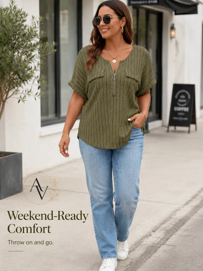 Plus Size Half Zip Ribbed Short Sleeve Top for Women, Casual Loose Fit V Neck Pullover T-Shirt with Pocket Flap, Summer Daily Blouse
