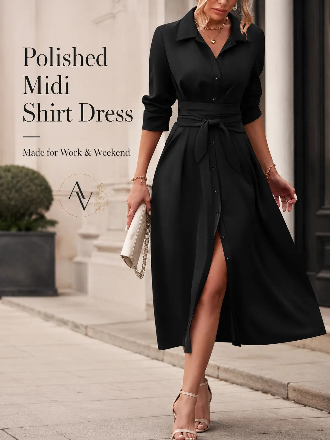 Women’s Belted Button Down Shirt Dress, Collared Long Sleeve Midi Dress, Slim Waist Work Office Casual Dress