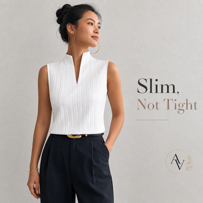 Women’s Ribbed Knit Notch Neck Sleeveless Top, Slim Fit Stretch Tank, Dressy Casual Office Blouse