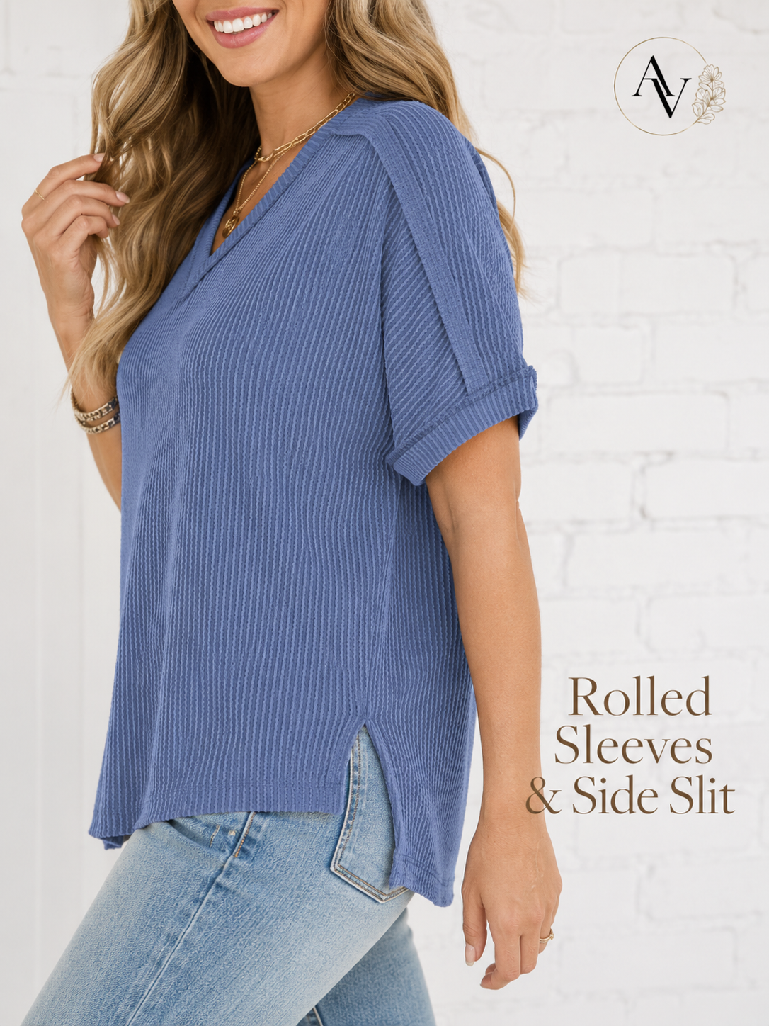 Women’s Corded Rib V-Neck Short Sleeve Top, Soft Stretch Exposed Seam Loose Fit T-Shirt, Casual Summer Tee for Everyday Outfits