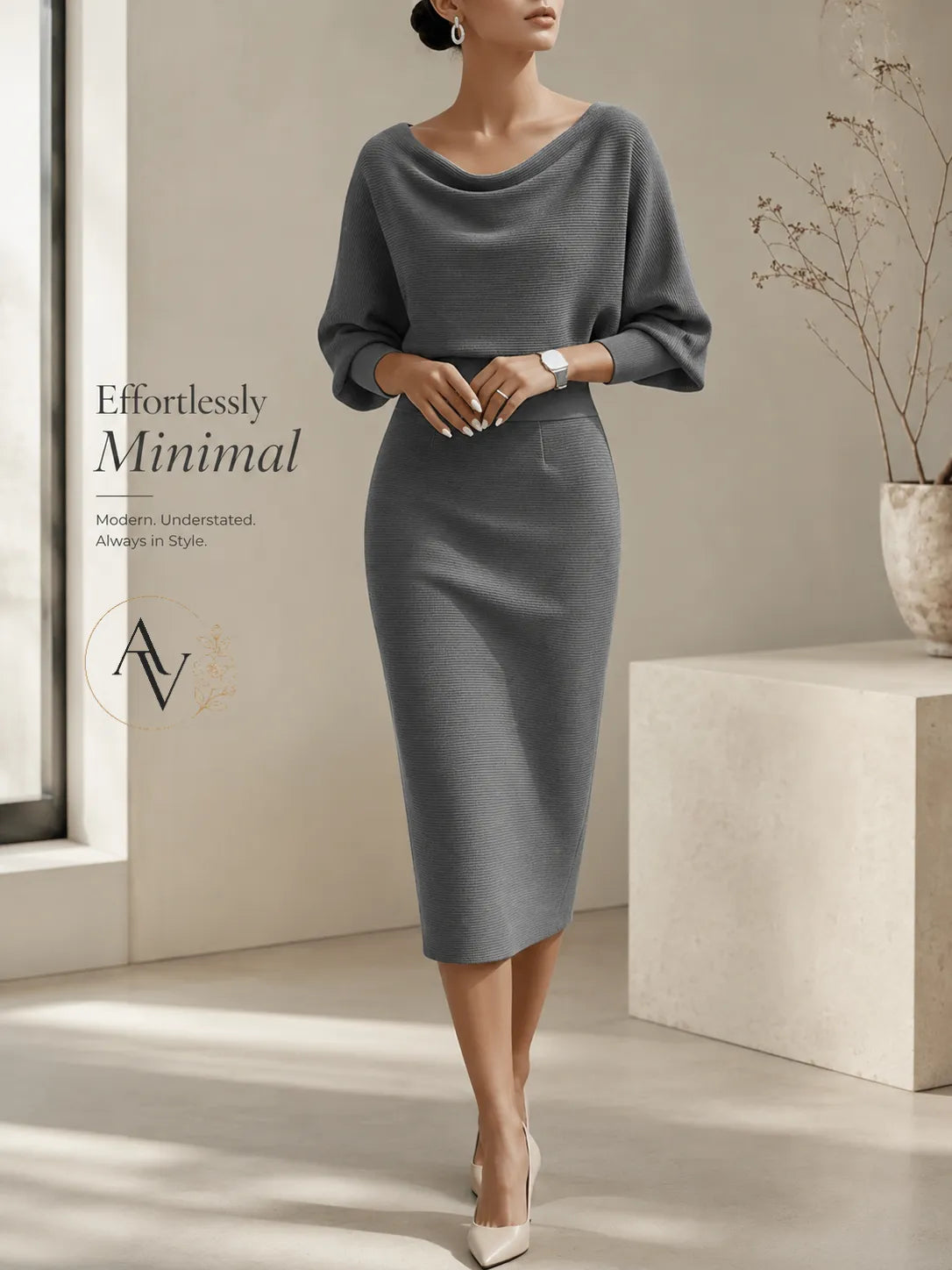 Women’s Cowl Neck Ribbed Knit Bodycon Midi Dress, Cotton Stretch Dolman Sleeve Sweater Dress for Work, Date Night & Fall Outfits