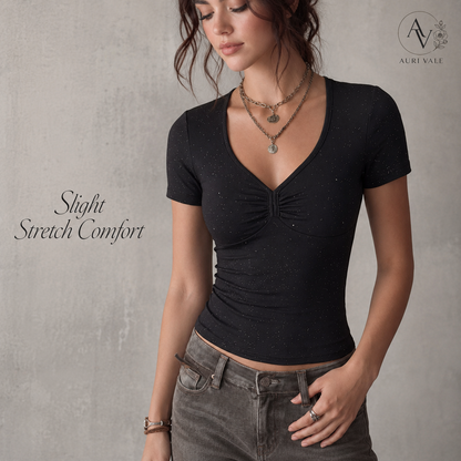 Women’s Slim Fit V Neck Crop T-Shirt, Black Sparkly Short Sleeve Ruched Front Top, Slight Stretch Casual Going Out Tee