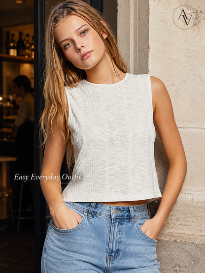 Women’s Textured Knit Cropped Tank Top, Sleeveless Round Neck Slim Fit Cotton Blend Summer Layering Shirt