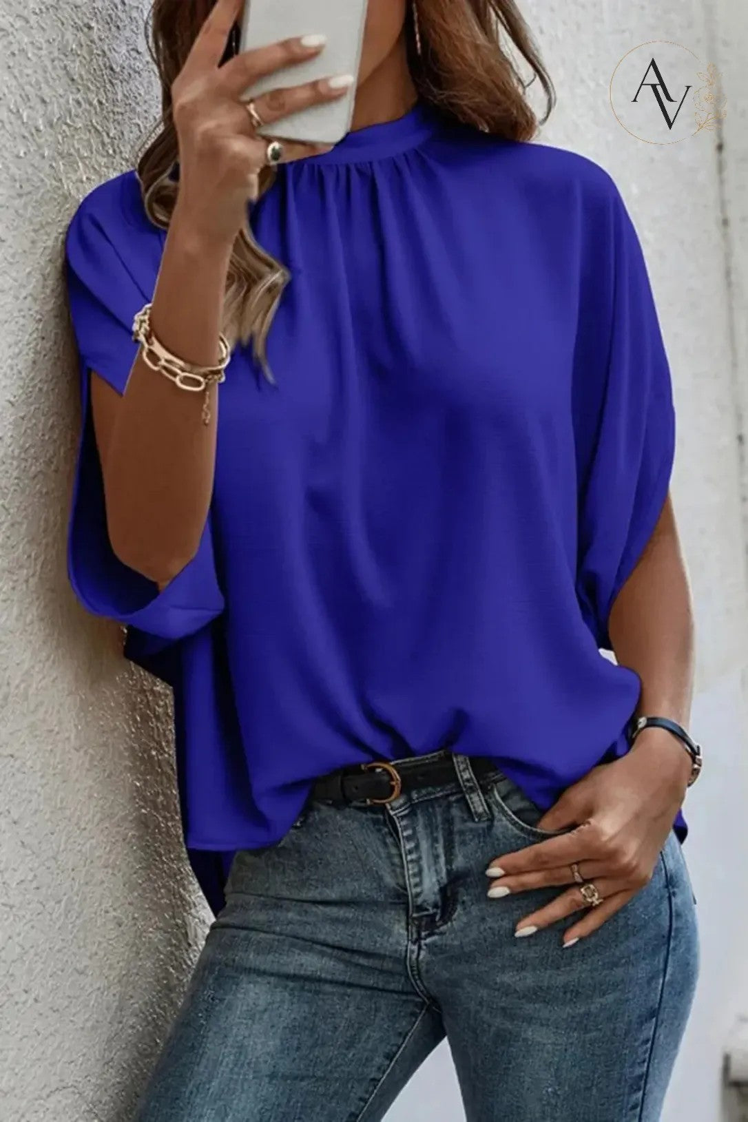 Women’s Mock Neck Tie Back Blouse, Split Batwing Half Sleeve Loose Fit Top, Dressy Casual Work Shirt for Office & Weekend