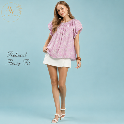 Women’s Pink Floral Puff Sleeve Blouse, Relaxed Fit Round Neck Short Sleeve Flowy Top for Summer, Brunch & Office Casual