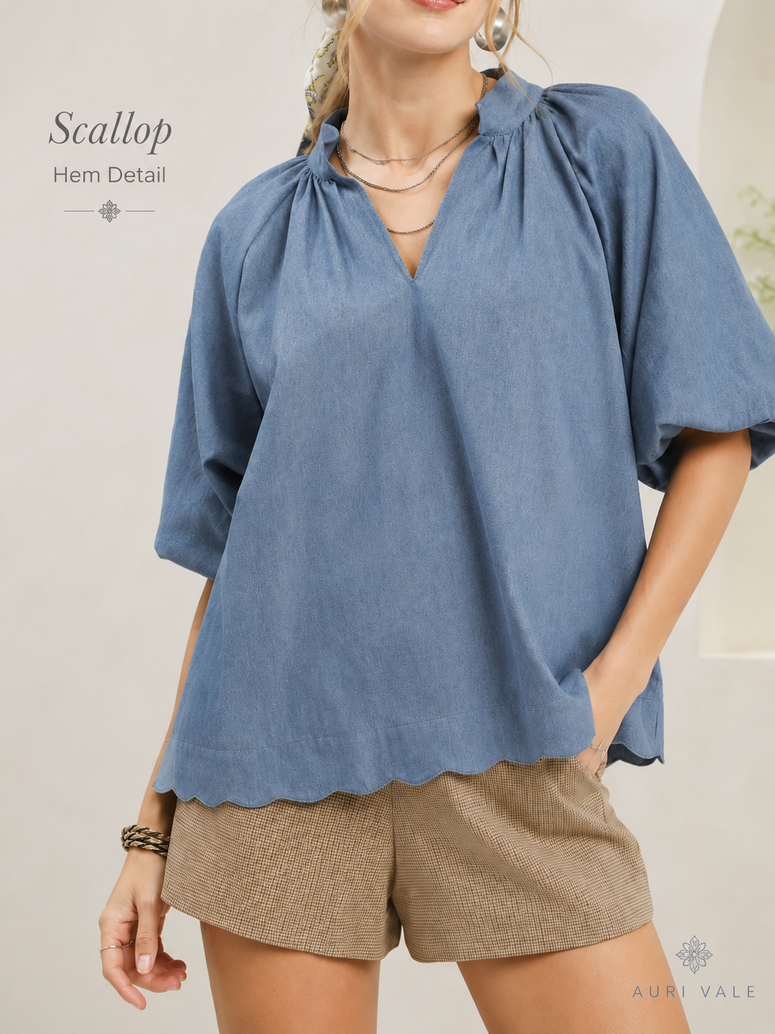 Women’s Chambray Puff Sleeve Top, Scallop Hem Split V-Neck Blouse, Lightweight Cotton Blend Oversized Casual Summer Shirt