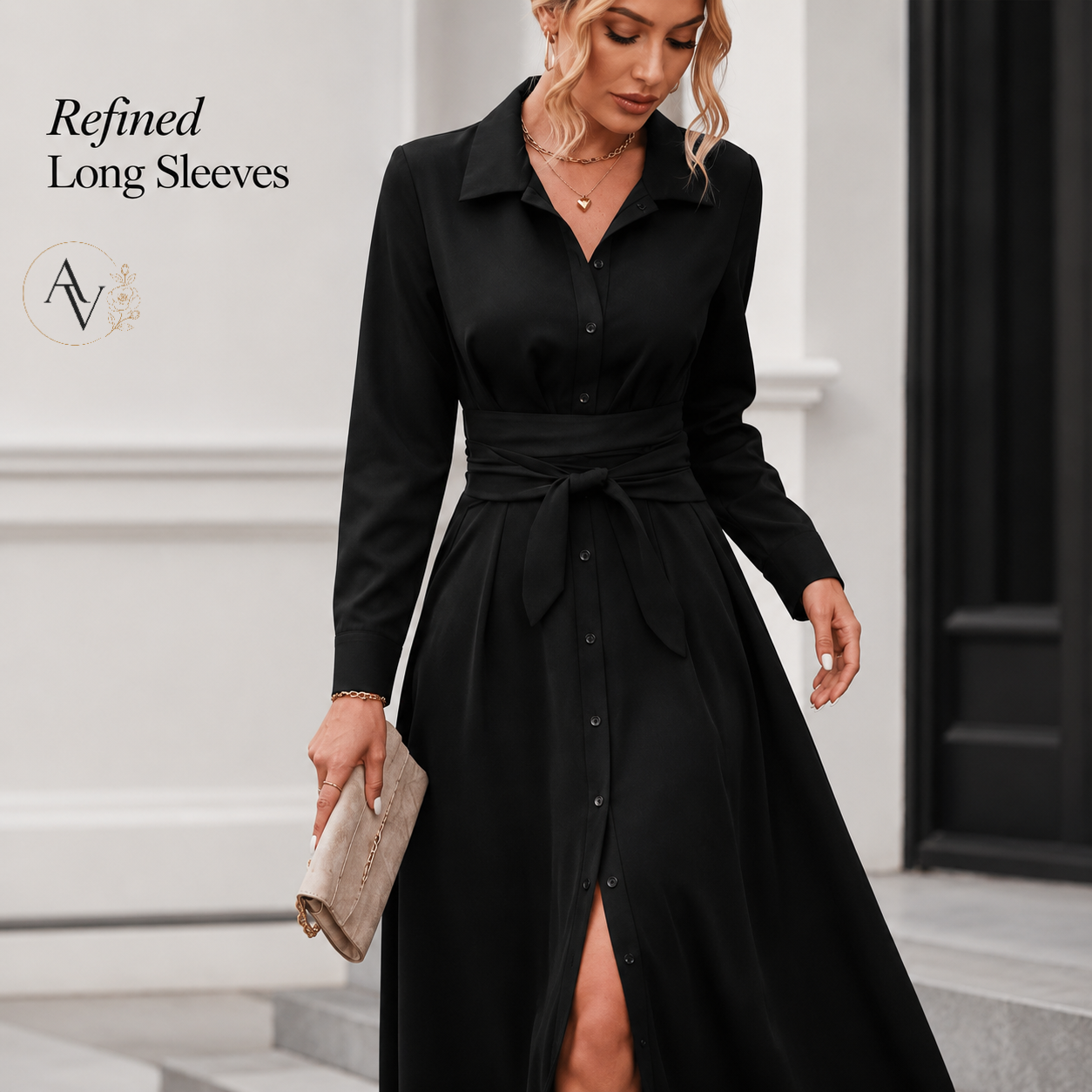 Women’s Belted Button Down Shirt Dress, Collared Long Sleeve Midi Dress, Slim Waist Work Office Casual Dress