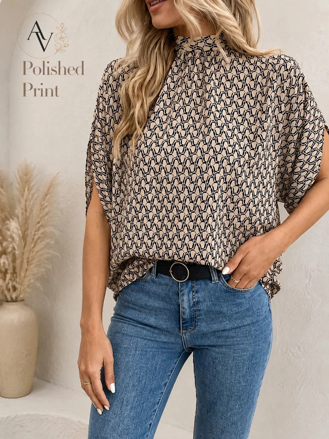 Women’s Mock Neck Tie Back Blouse, Split Batwing Half Sleeve Loose Fit Top, Dressy Casual Work Shirt for Office & Weekend