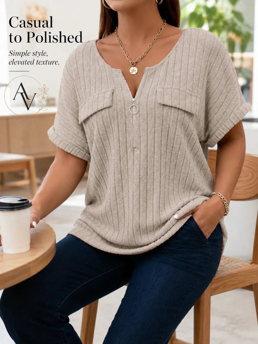 Plus Size Half Zip Ribbed Short Sleeve Top for Women, Casual Loose Fit V Neck Pullover T-Shirt with Pocket Flap, Summer Daily Blouse