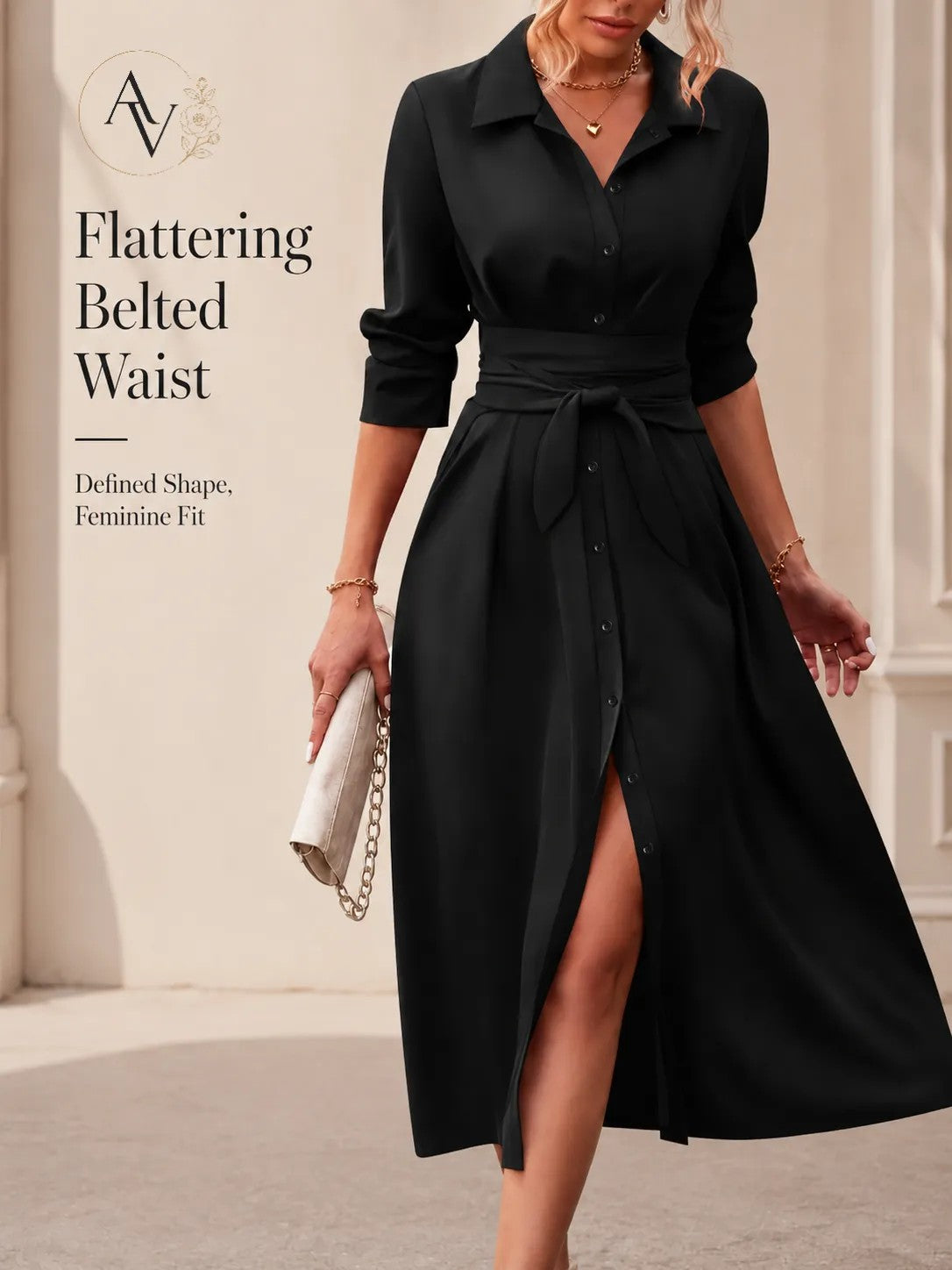 Women’s Belted Button Down Shirt Dress, Collared Long Sleeve Midi Dress, Slim Waist Work Office Casual Dress