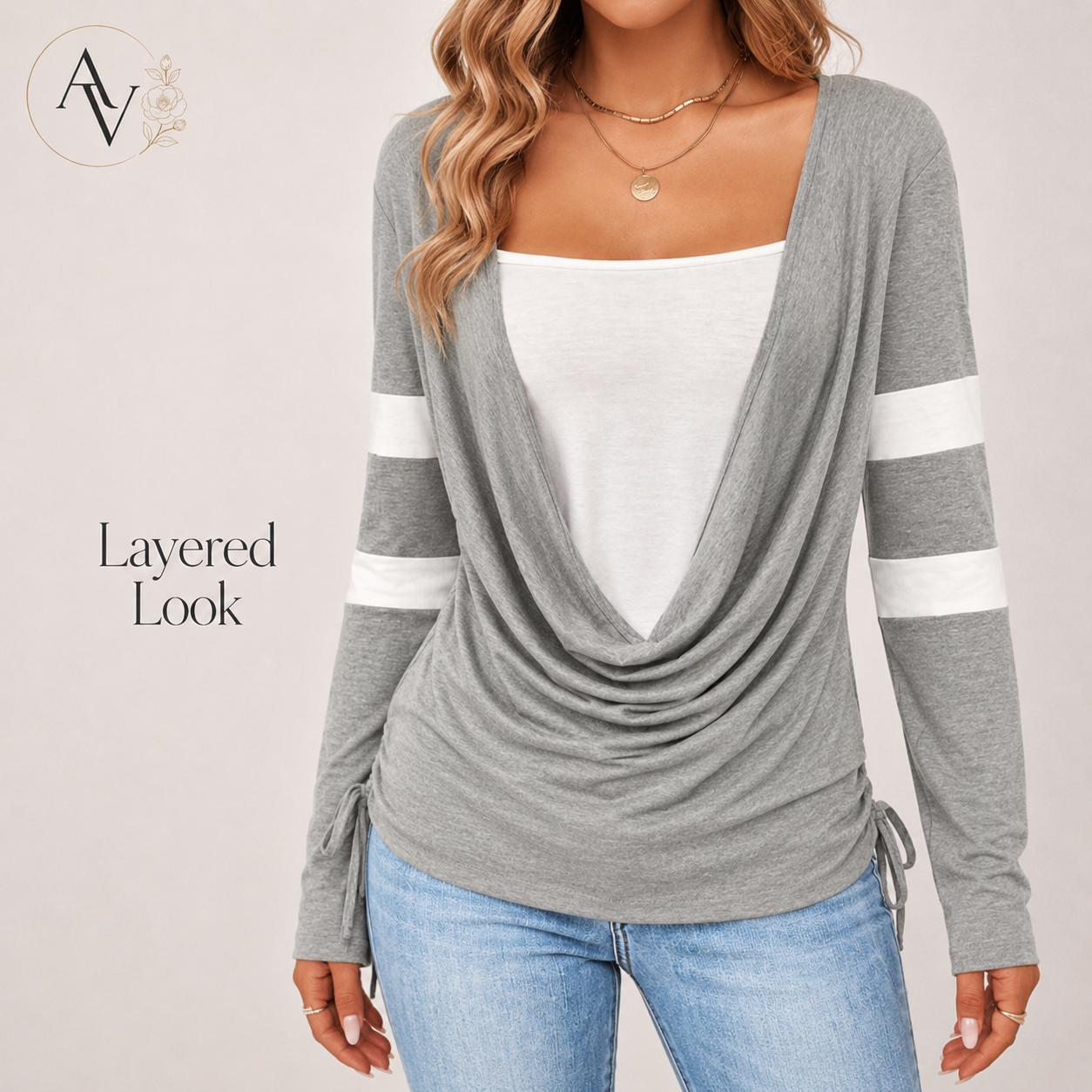 Women’s Cowl Neck Long Sleeve Top, Faux Layered 2 Piece Shirt, Gray Soft Draped Casual Blouse, Fall Winter Tee