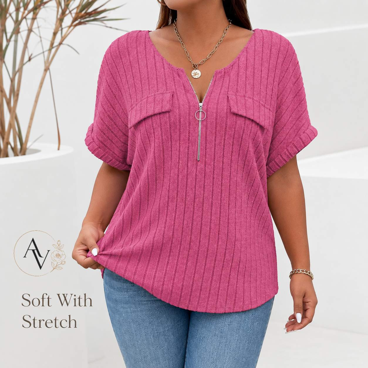 Plus Size Half Zip Ribbed Short Sleeve Top for Women, Casual Loose Fit V Neck Pullover T-Shirt with Pocket Flap, Summer Daily Blouse