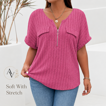 Plus Size Half Zip Ribbed Short Sleeve Top for Women, Casual Loose Fit V Neck Pullover T-Shirt with Pocket Flap, Summer Daily Blouse
