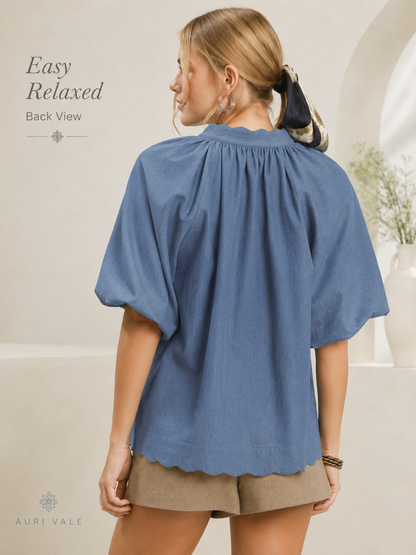 Women’s Chambray Puff Sleeve Top, Scallop Hem Split V-Neck Blouse, Lightweight Cotton Blend Oversized Casual Summer Shirt