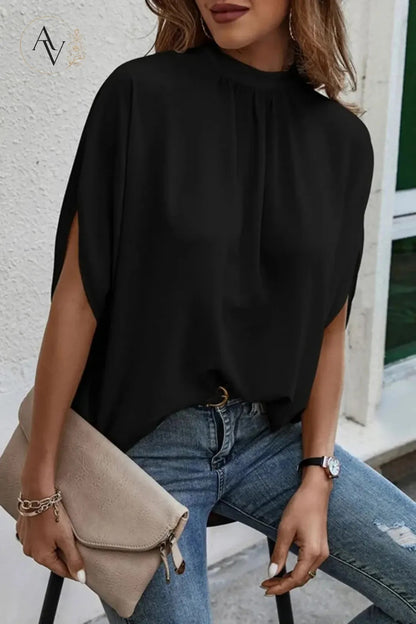 Women’s Mock Neck Tie Back Blouse, Split Batwing Half Sleeve Loose Fit Top, Dressy Casual Work Shirt for Office & Weekend