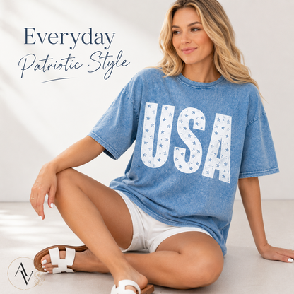 Women’s USA Star Print Acid Wash T-Shirt – 100% Cotton Patriotic Crew Neck Short Sleeve Graphic Tee for 4th of July, Memorial Day & Summer Outfits