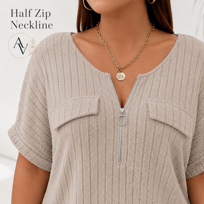 Plus Size Half Zip Ribbed Short Sleeve Top for Women, Casual Loose Fit V Neck Pullover T-Shirt with Pocket Flap, Summer Daily Blouse