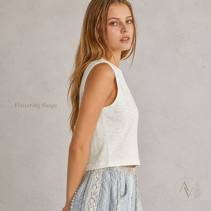 Women’s Textured Knit Cropped Tank Top, Sleeveless Round Neck Slim Fit Cotton Blend Summer Layering Shirt