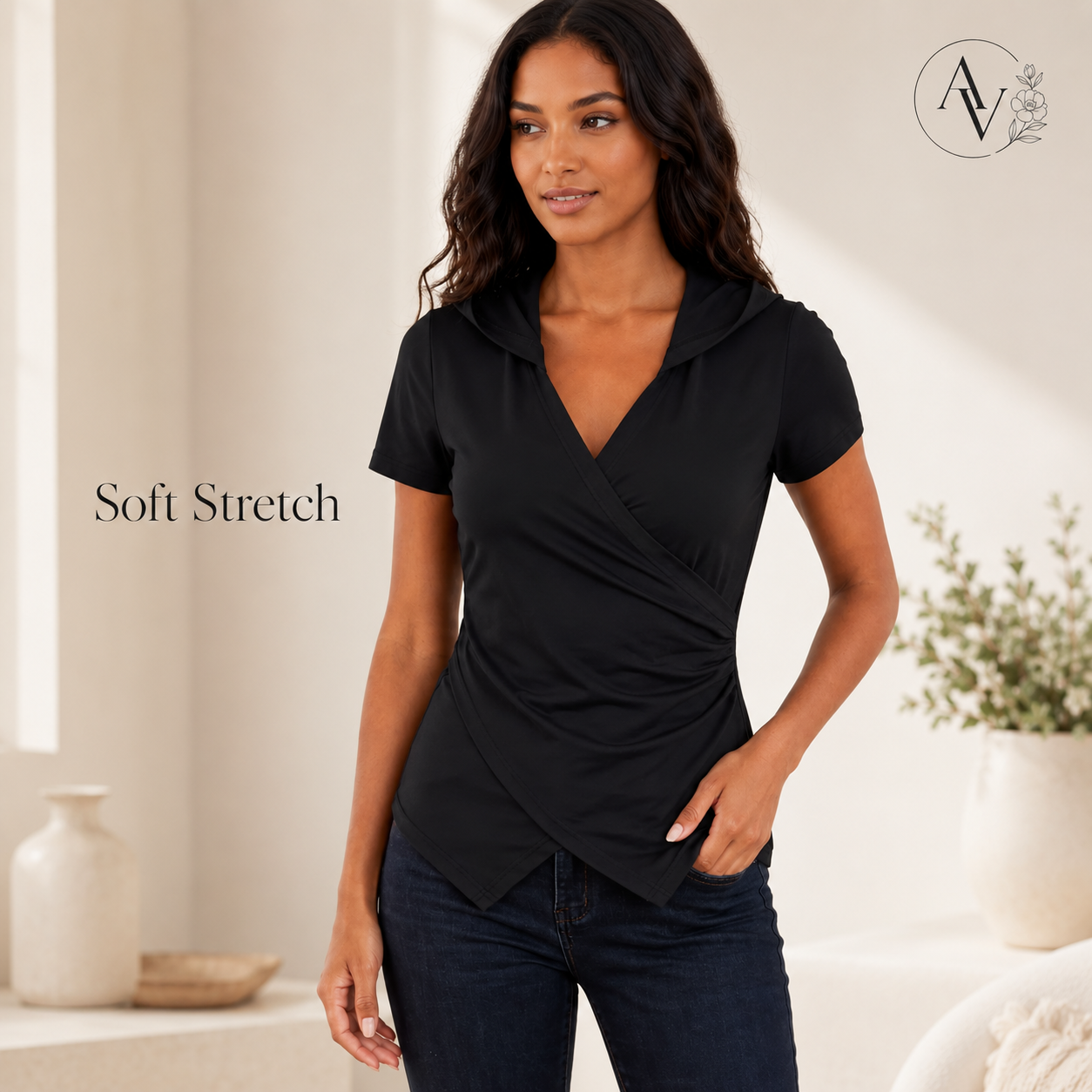 Women’s Hooded Wrap Front Slim Fit Top, Ruched Long Sleeve T-Shirt, Slight Stretch Casual Going Out Blouse for Fall Spring Streetwear