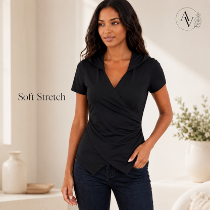 Women’s Hooded Wrap Front Slim Fit Top, Ruched Long Sleeve T-Shirt, Slight Stretch Casual Going Out Blouse for Fall Spring Streetwear