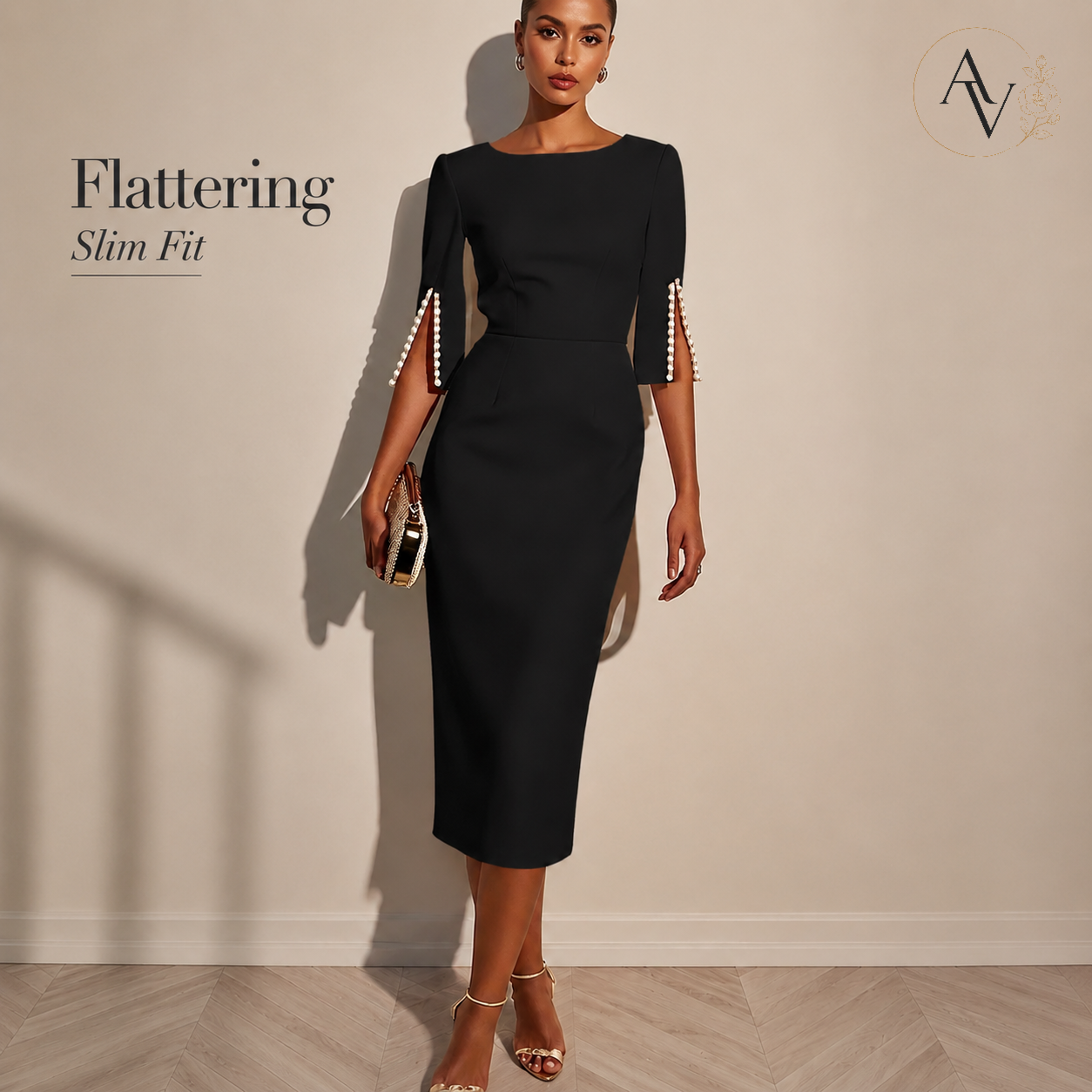 Women’s Elegant Beaded Slit Sleeve Midi Dress, Boat Neck Slim Fit Cocktail Dress, Wedding Guest Party Evening Dress