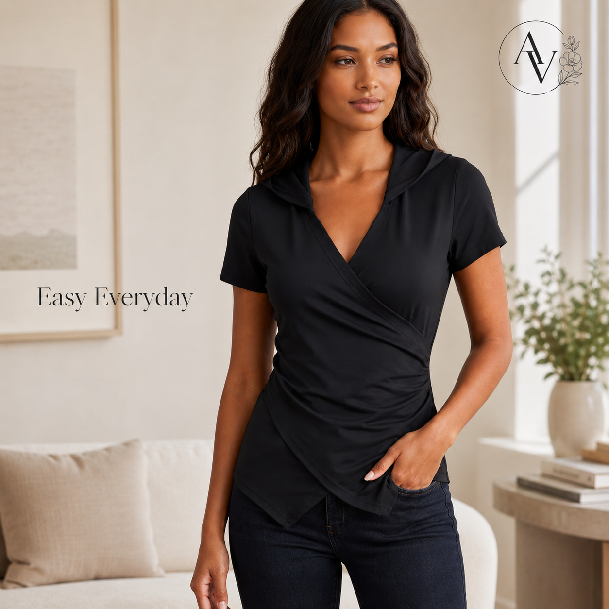 Women’s Hooded Wrap Front Slim Fit Top, Ruched Long Sleeve T-Shirt, Slight Stretch Casual Going Out Blouse for Fall Spring Streetwear