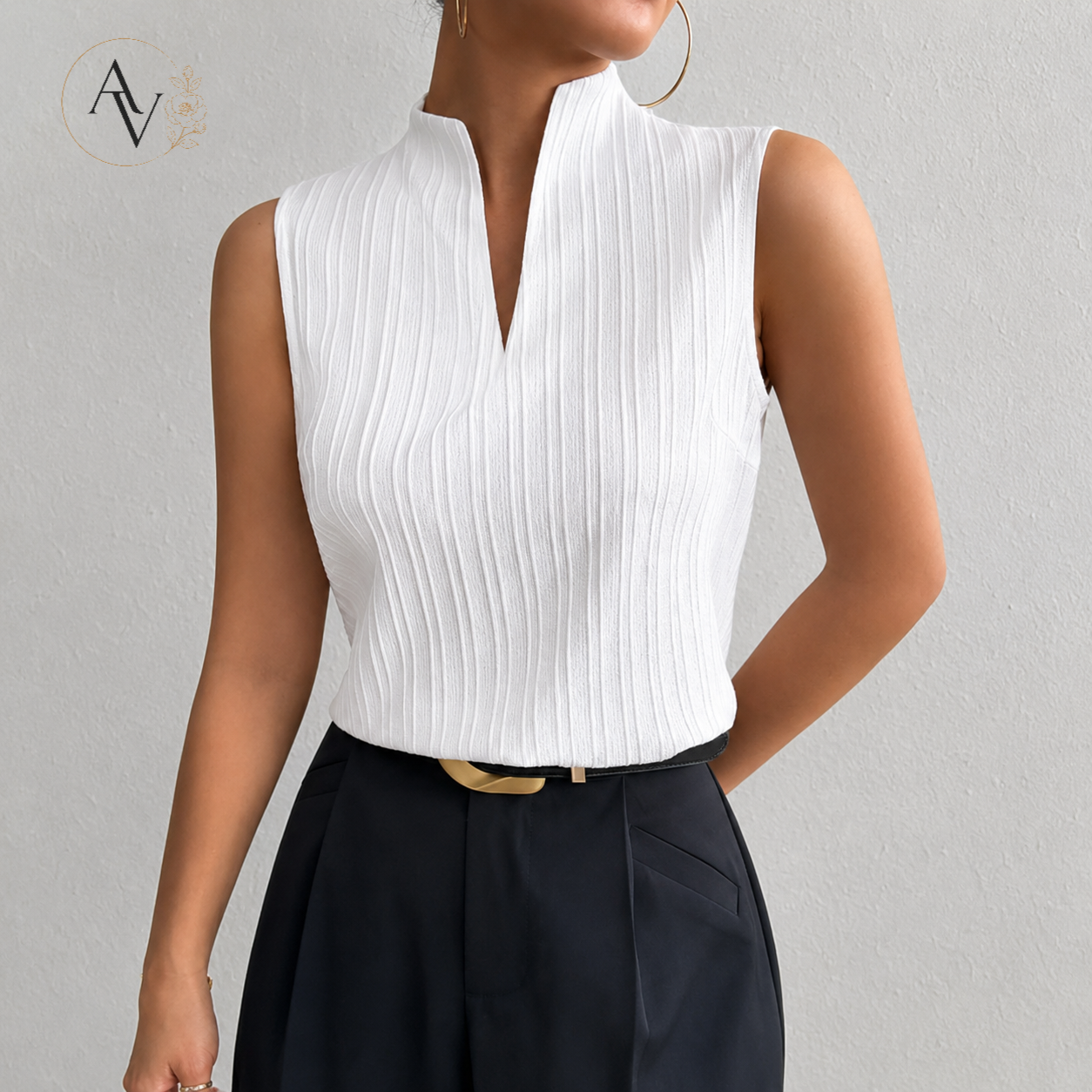 Women’s Ribbed Knit Notch Neck Sleeveless Top, Slim Fit Stretch Tank, Dressy Casual Office Blouse