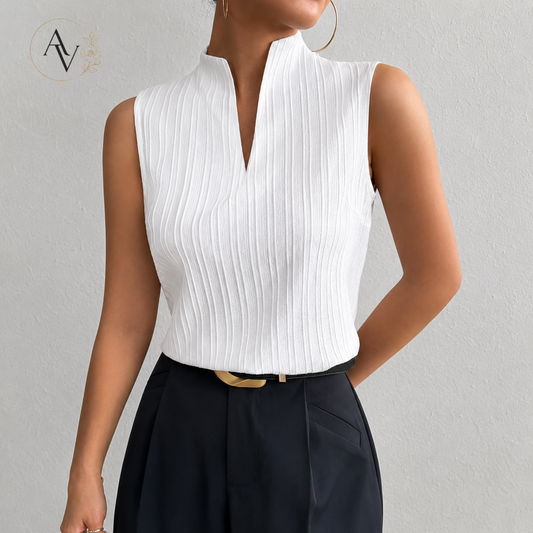Women’s Ribbed Knit Notch Neck Sleeveless Top, Slim Fit Stretch Tank, Dressy Casual Office Blouse