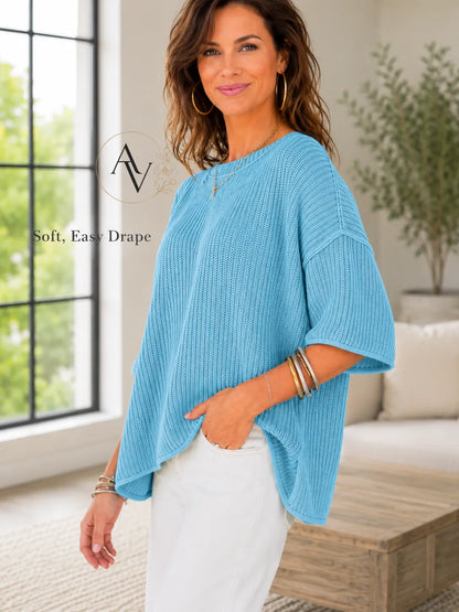 Women’s Casual Short Sleeve Knit Sweater, Lightweight Cotton Blend Ribbed Crew Neck Pullover Top for Spring Summer