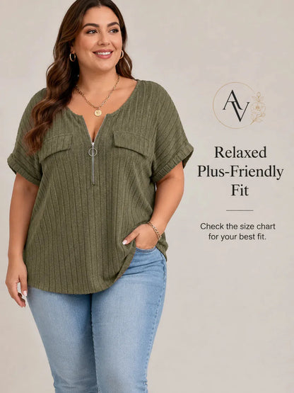 Plus Size Half Zip Ribbed Short Sleeve Top for Women, Casual Loose Fit V Neck Pullover T-Shirt with Pocket Flap, Summer Daily Blouse