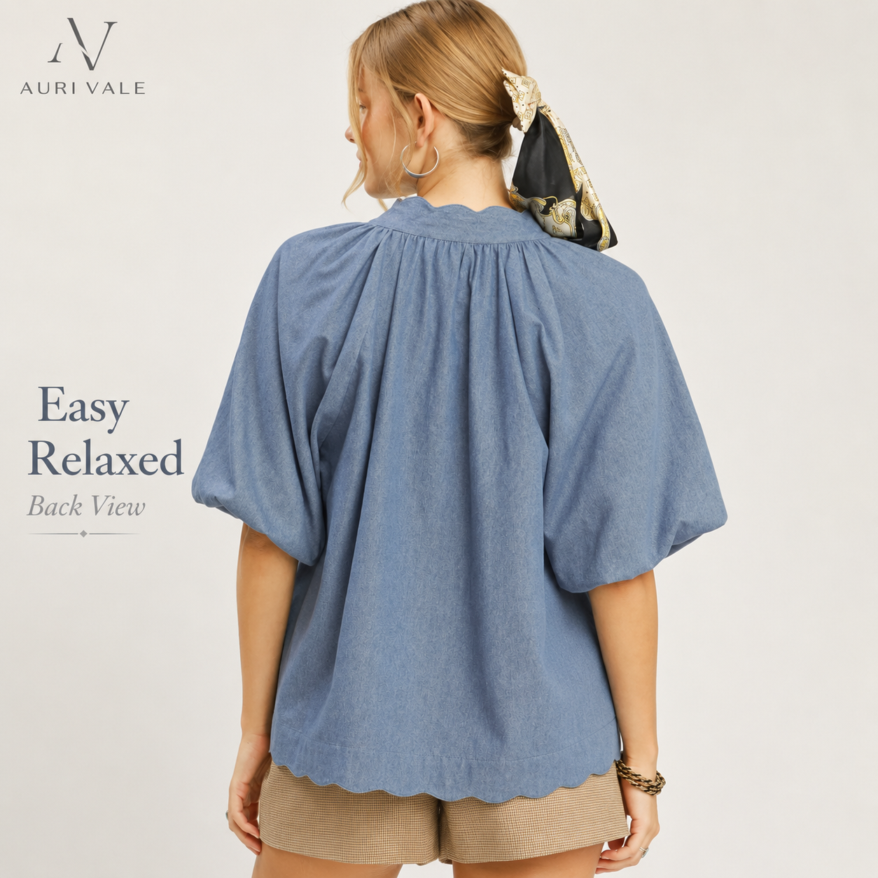 Women’s Chambray Puff Sleeve Top, Scallop Hem Split V-Neck Blouse, Lightweight Cotton Blend Oversized Casual Summer Shirt