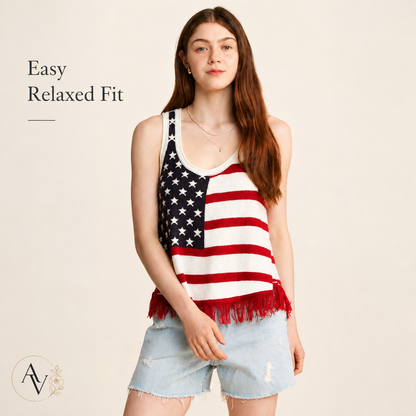 Plus Size American Flag Fringe Tank Top for Women, Patriotic Sleeveless Summer Top, 4th of July USA Stars Stripes Shirt
